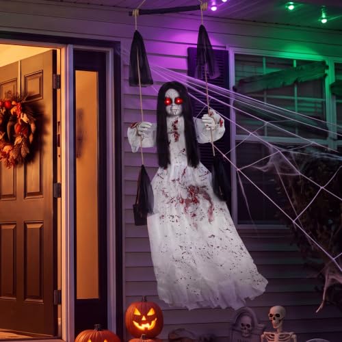 Outdoor Hanging Halloween Decorations with Sound and Fright Features - 4.4FT Swinging Girl