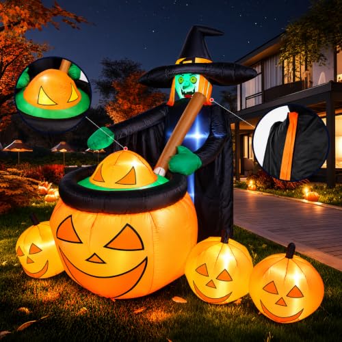 7 FT Halloween Inflatable Witch Pumpkin Cauldron Yard Decor with LEDs Outdoor Display