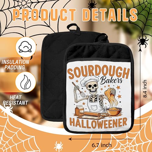 Halloween Skeleton Pot Holders with Pockets - Heat Resistant Oven Mitts for Baking & Cooking