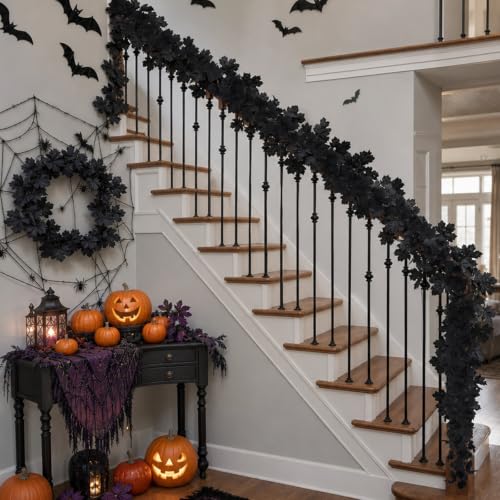 Black Maple Leaves Halloween Garland 2 Pack - Spooky Decor for Indoors & Outdoors - 12 Ft Total with Hooks