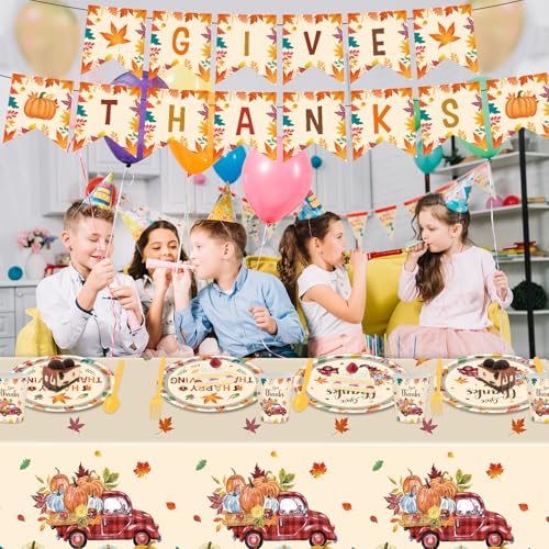 Thanksgiving Party Supplies 142pcs Fall Plates Napkins Cups Flatware Tableware Set - Happy Fall Maple Leaves & Banner, Autumn Decorations