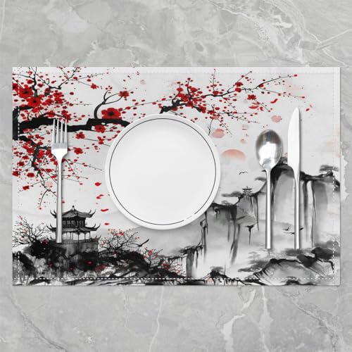 Cherry Blossoms Placemats Set of 4 - White and Red, 18x12 Inches
