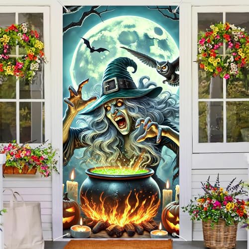 Halloween Door Cover Jack Lantern Witch 35x71 Inch Polyester - Seasonal Front Door Decor