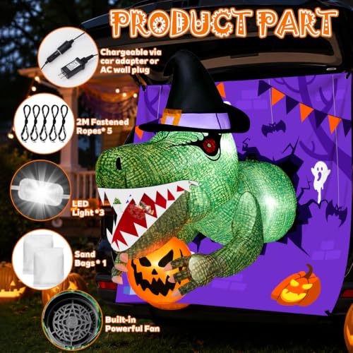 Inflatable Dinosaur Car Decoration Kit - 4 Ft Motion Dinosaur with LEDs for Halloween Trunk or Treat - Variation of Dinosaur
