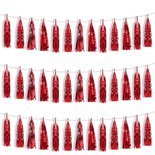 Red Metallic Foil Tassel Garland - 3 Pack Party Streamers for Weddings Celebrations