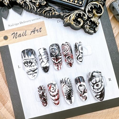Gothic Press On Nails Set - Bloody Horror Designs, Medium Almond, Black & White - Variation Gothic-24