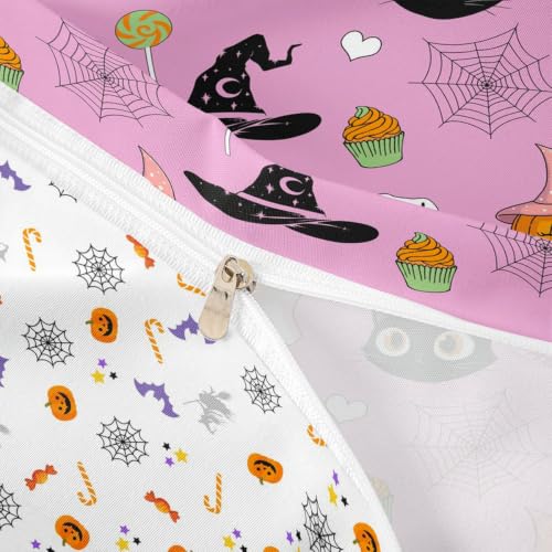 Multi 10 Pink Duvet Cover Set with Witch Hat & Spider Web Halloween Design - Full Size, No Comforter