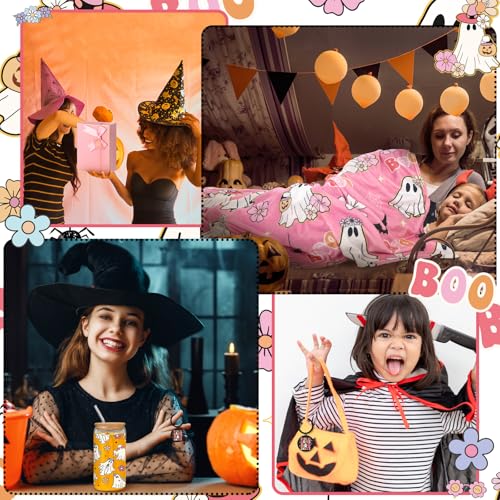 Retro Halloween Ghost Gift Set - Pink Ghost Flower Glass, Flannel Blanket & Keychain