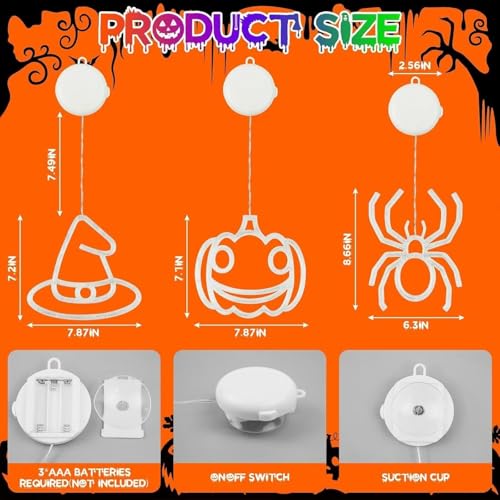 Halloween Window Lights Set - Pumpkin, Witch Hat & Spider Shapes, 3 Pack (Orange Purple Green)