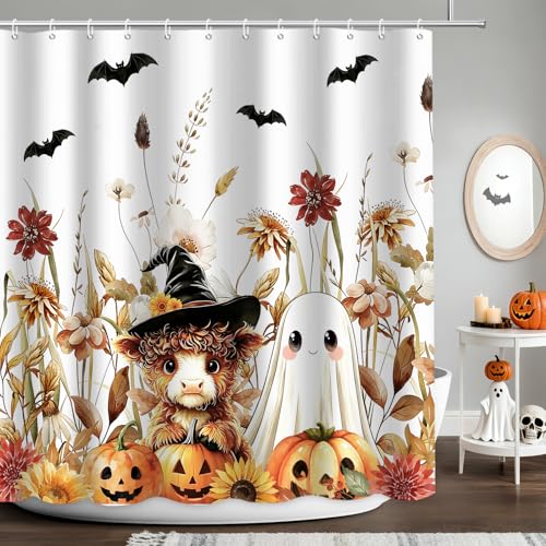 Halloween Ghost Highland Cow Shower Curtain - Colorful 72x72 Inches