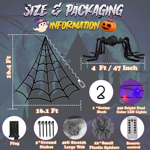 Halloween Light Up Spider Web Outdoor 16.4FT 250 LED Lights - Purple & Orange (Variation B-Purple&Orange)