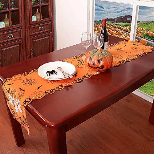 Halloween Table Runner Spooky Ghosts Bats Web Embroidered Decor 14x54 Inches - Simhomsen