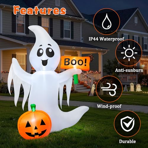 4.5FT Halloween Inflatable Ghost with LED Lights and Pumpkins - Outdoor Decoration