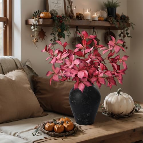 Artificial Autumn Eucalyptus Leaves Stem - Fall Decor, 33 Inches, Dark Red (Set of 3)