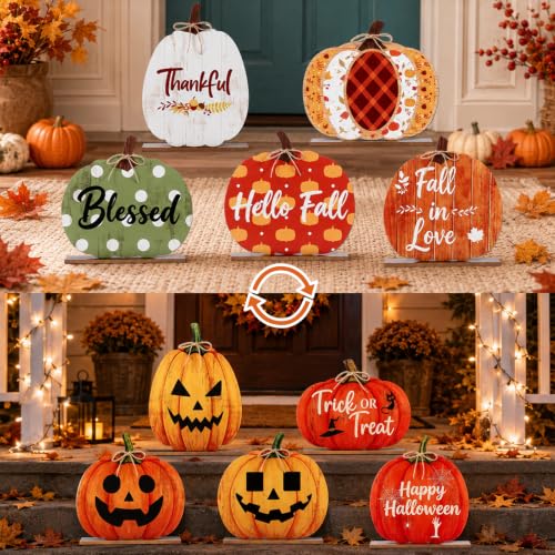 5 Pack Double-Sided Wooden Pumpkin Porch Signs for Fall Halloween Thanksgiving Yard Decor