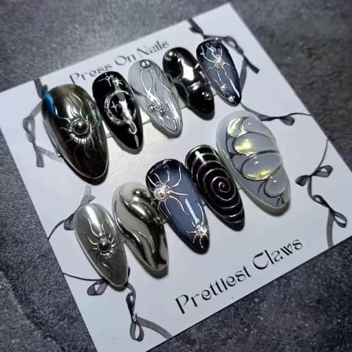 Black Medium Almond Press on Nails S Style35 Goth Handmade Reusable Fake Nails