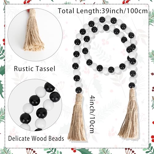 Halloween Wooden Bead Garland - Black & White Rustic Xmas Decor, 39 Inch