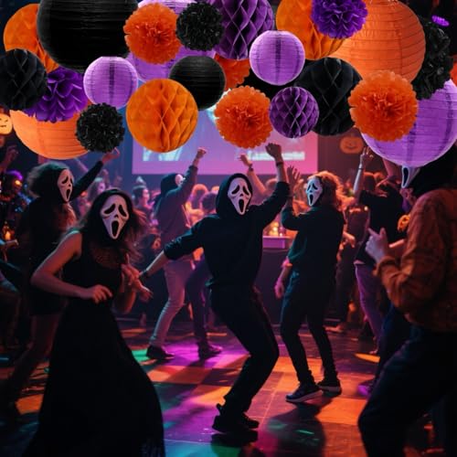 Halloween Party Paper Decoration Set - Lanterns, Pom Poms, Honeycomb Balls, 42 Pieces