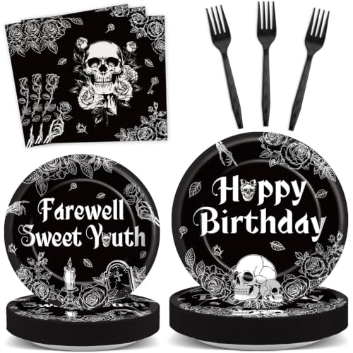 Gothic Birthday Party Plates and Napkins Set - Black & White Skull Design