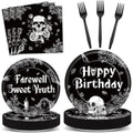 Gothic Birthday Party Plates and Napkins Set - Black & White Skull Design