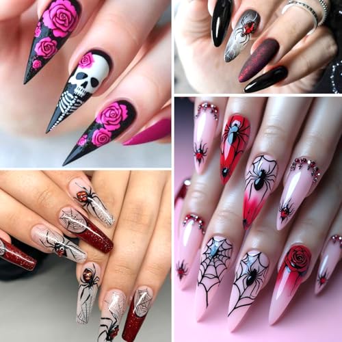 Halloween Nail Art Stickers 2 Sheets 5D Embossed Skeleton Heart Spider Web Decals