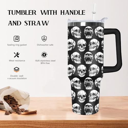 Black Skull Tumbler with Handle 40oz - Gothic Halloween Decor for Women