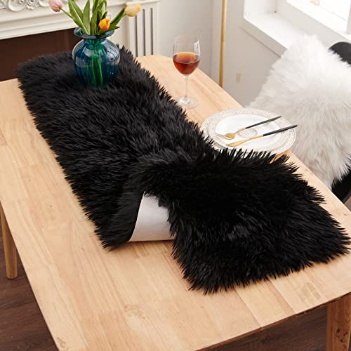 Faux Fur Table Runner 11.8x59.1 Inch Black Furry Dresser Cover Decor