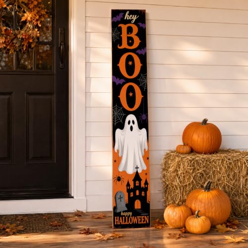 Hey Boo Halloween Porch Sign - Rustic Wooden Welcome Decoration with Ghosts & Tombstones - 47.2 Inch Vertical Farmhouse Style Halloween Sign - Variation: Hey Boo-2026