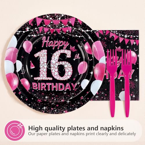 16th Birthday Party Plates Set - 24 Hot Pink Sweet 16 Dinner & Dessert Plates with Napkins & Forks - Variation of 16th Plates