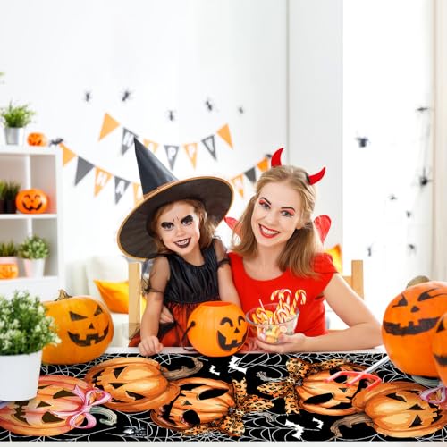 Halloween Spider Web Table Runner with Pumpkins and Bats - 13x72 Inch - Pink Variation