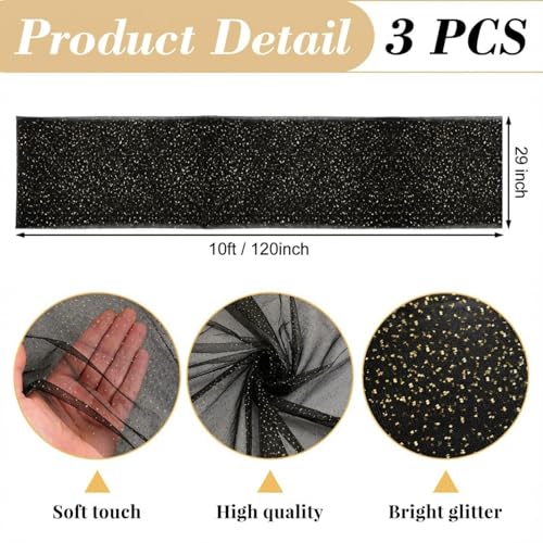 Halloween Fall Table Runner 10 ft Black Metallic Sheer Glitter Mesh - Set of 3