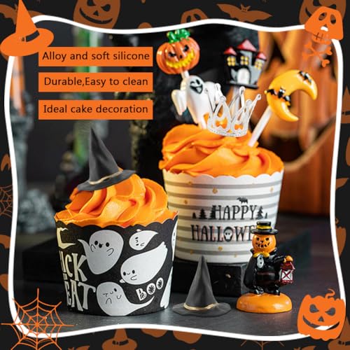 Halloween Witch Hat & Silver Crown Cake Topper Set - 12 Black Wizard Hats + 12 Silver Crowns