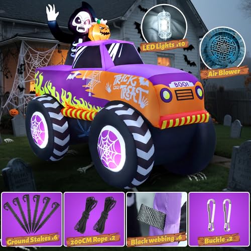 8FT Halloween Inflatable Monster Skeleton Truck with Built-in LEDs - Outdoor Decor - Halloween Truck Variation