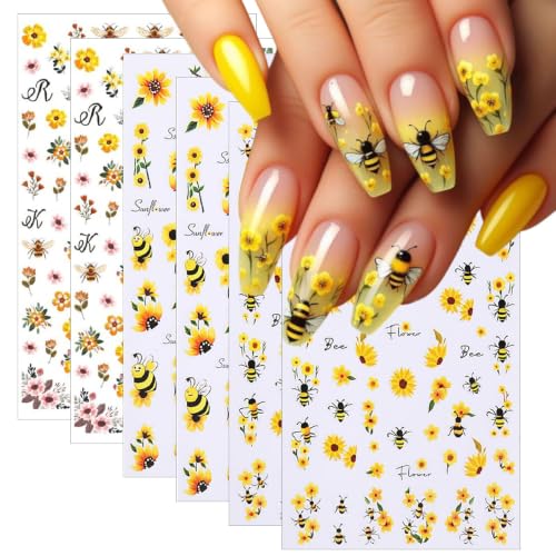 6 Sheets Sunflower & Floral Nail Stickers Self-Adhesive 3D Nail Art Decals