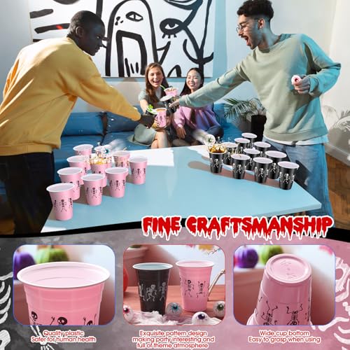 Halloween Party Supplies Skeleton Pink Black 22 Cups & 8 Fake Eyeballs