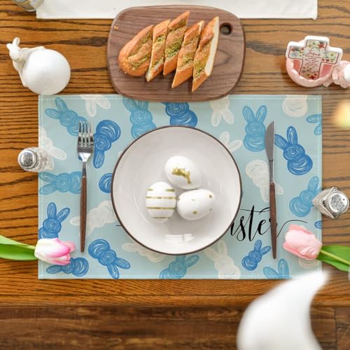 Easter Bunny Placemat Set of 4 - 12x18 Inch Blue Rectangular Seasonal Table Mats