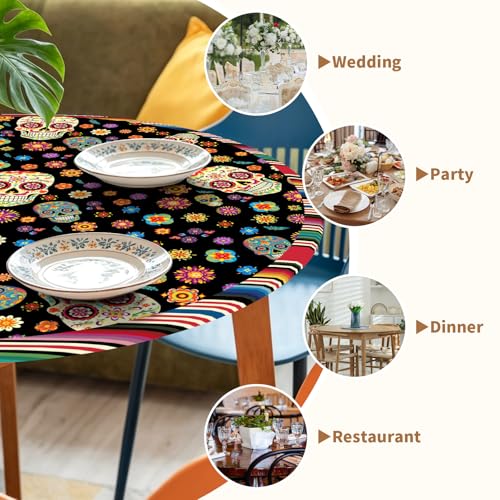 Halloween Skull Round Fitted Tablecloth with Elastic Edge - 44 Inch Orange Blue