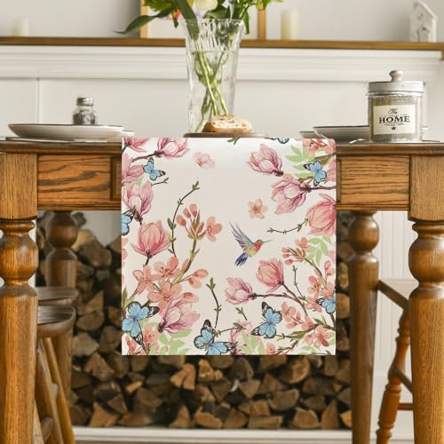 Flowers Bird Butterfly Spring Table Runner for Kitchen & Dining, 13x48 Inch