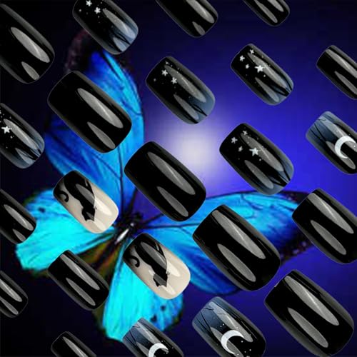 Moon and Stars Press On Nails - Black Cat Night Sky Square Medium 39 - Reusable Gel Glue