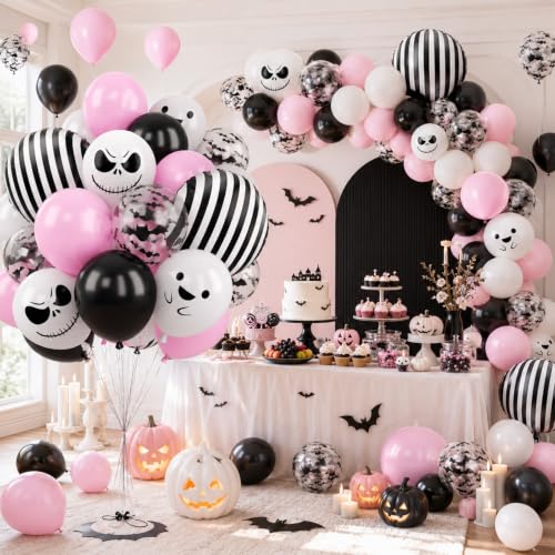 Pink and Black Halloween Balloons with Bat and Ghost Prints - Variation: Black Pink White