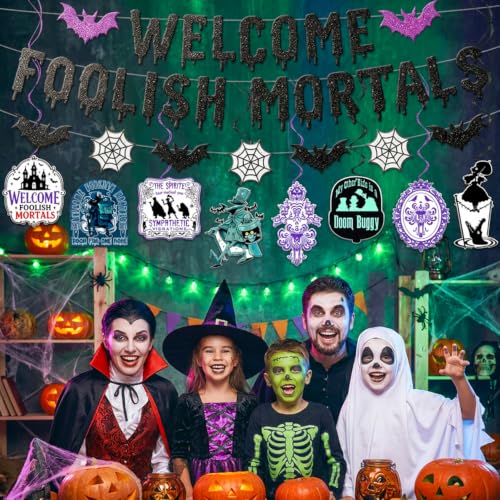 Halloween Haunted Party Decorations Banner & Swirls Set - Black Glitter Welcome Mortals