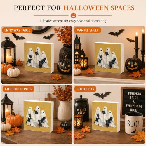 Halloween Wood Box Decor - Ghosts and Black Cats Sign - Style 34 - 5x5 Inch