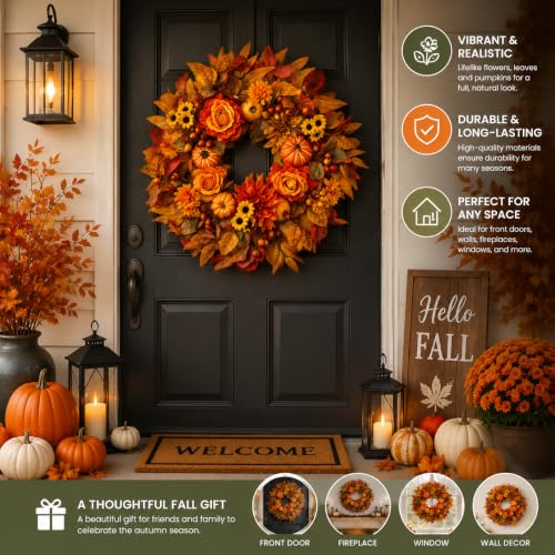 24 Inch Fall Front Door Wreath with Pumpkins & Dahlias - Autumn Decor