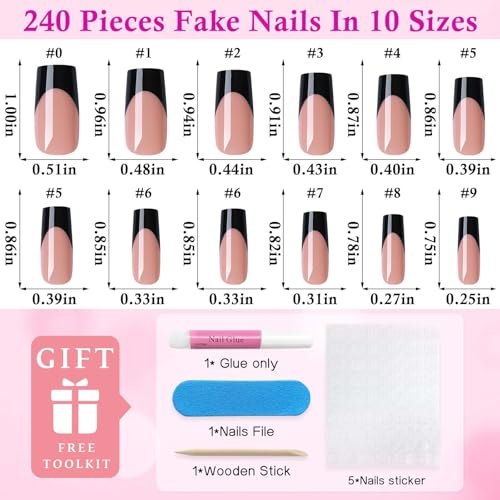 Medium Square Black French Tip Press-On Nails - 240pcs Fake Nails with Glue & Tools