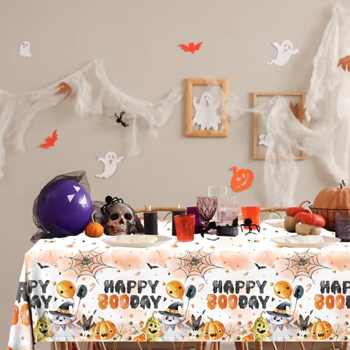 Halloween Happy Boo Day Tablecloth Set - Orange Black Ghost Pumpkins 3Pcs