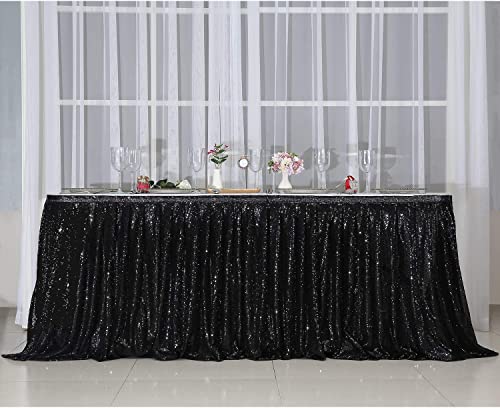 PartyDelight 14ft Black Sequin Table Skirt - Long Shimmering Buffet Decor