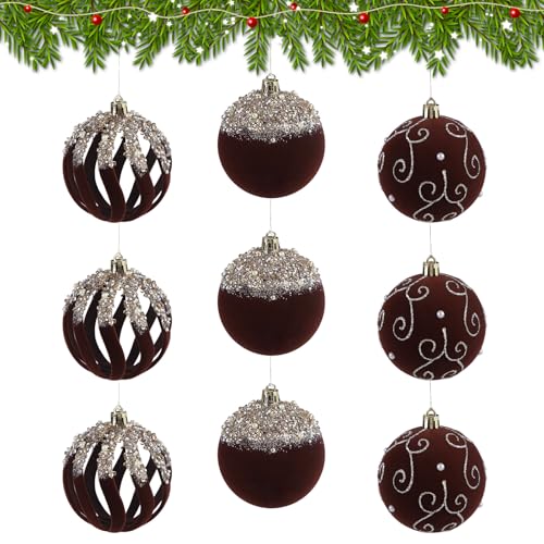 Brown Velvet Glitter Christmas Ornaments Set - 9PCS Holiday Tree Decor