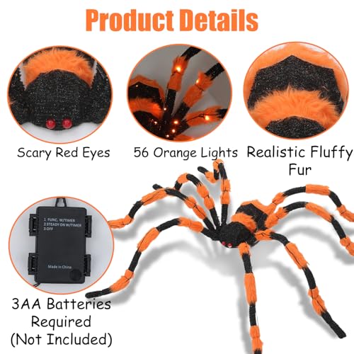 Giant Orange Spider Halloween Decoration 60” Lighted Prop with Red Eyes & LED Lights