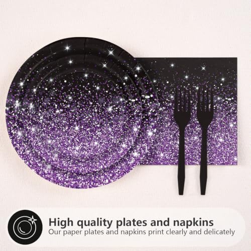 Black Purple Plates - 96Pcs Birthday Party Decorations for Girls, Serves 24, Glitter Gradient with Star Accents