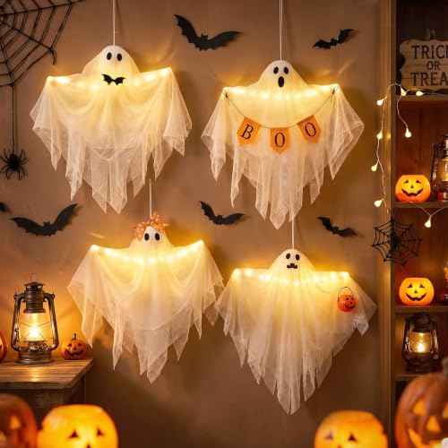 Lighted Hanging Ghost Decorations with Timer - Ghosts with Ornaments Halloween Set